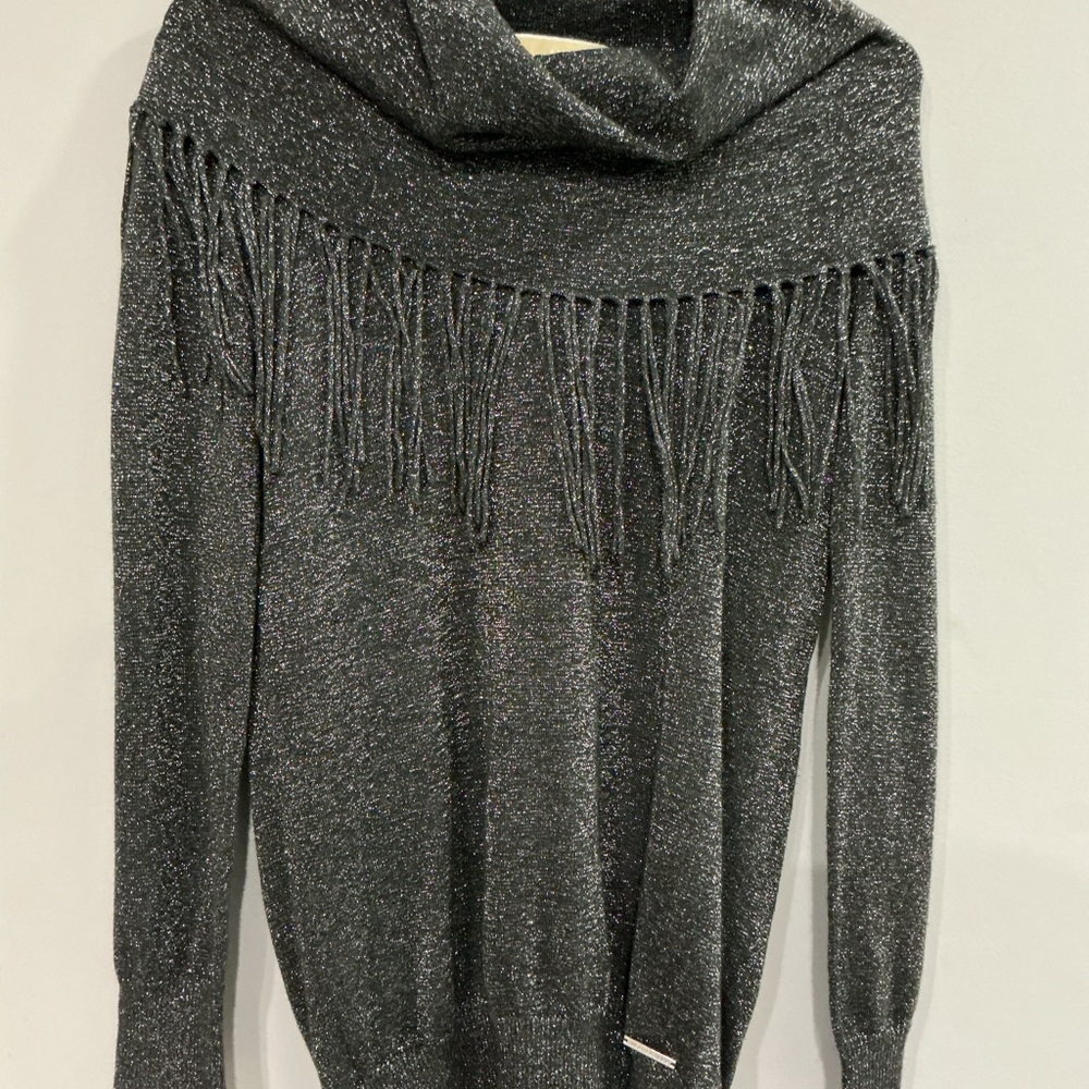 MICHAEL KORS Fringe Cowl Neck Metallic Shimmer Sweater